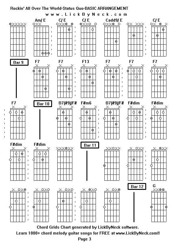 Chord Grids Chart of chord melody fingerstyle guitar song-Rockin' All Over The World-Status Quo-BASIC ARRANGEMENT,generated by LickByNeck software.